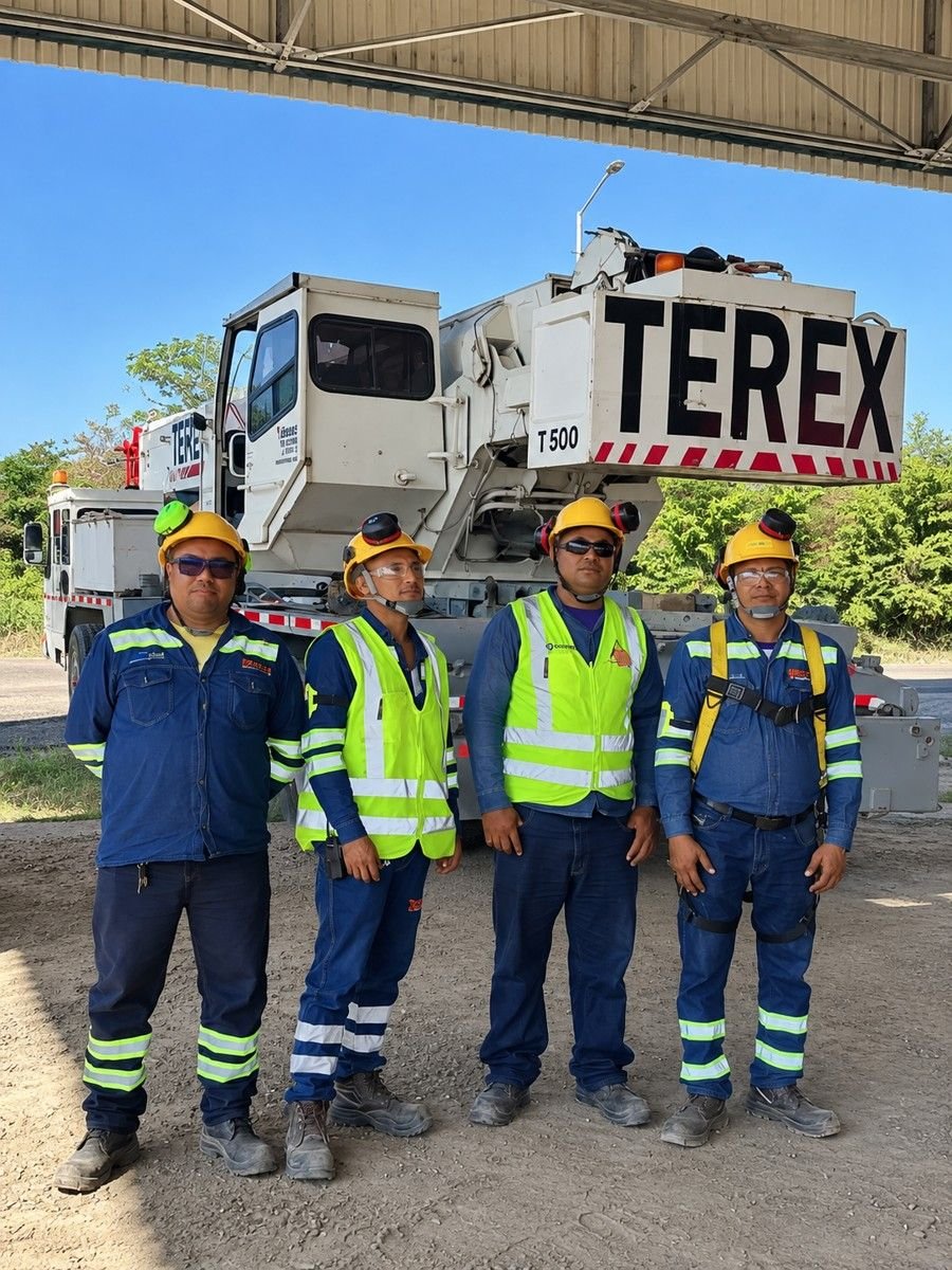 Operadores certificados de IZASEG junto a la grúa Terex