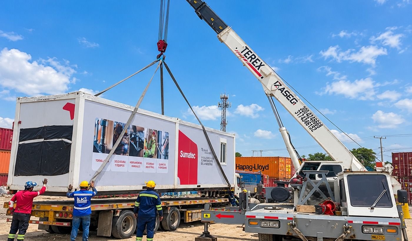 Grúa Terex de IZASEG izando un módulo industrial en puerto